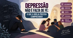 Pessoa sentada em silêncio em uma sala com luz suave, enquanto outra pessoa ao lado oferece companhia e escuta, simbolizando o acolhimento da igreja em meio à depressão.