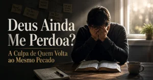 Pessoa de mãos postas em oração em um cômodo simples, com luz suave, simbolizando o perdão e a misericórdia de Deus para quem volta a ele depois de cair.