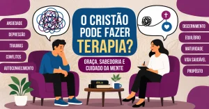 Pessoa conversando com um profissional em uma sala acolhedora, com uma Bíblia sobre a mesa, transmitindo cuidado da mente unido à fé.
